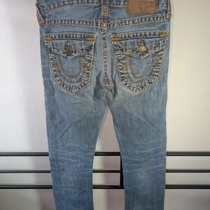 True Religion Light Blue Slim Straight Jeans with Contrast Stitching